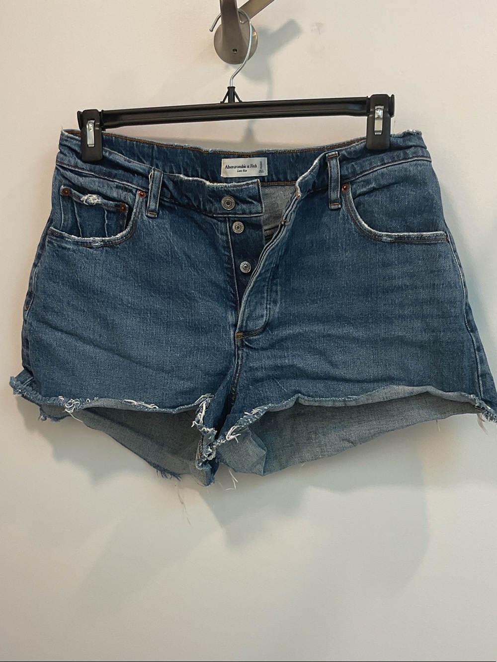 Abercrombie & Fitch Medium Blue High-Rise Frayed Denim Shorts